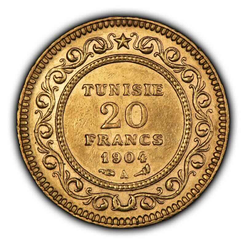 Reverse of the Tunisian 20 Francs Gold Coin